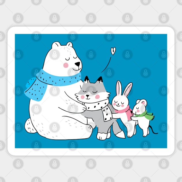 Winter polar bear hugging littles animals Magnet by Mako Design 